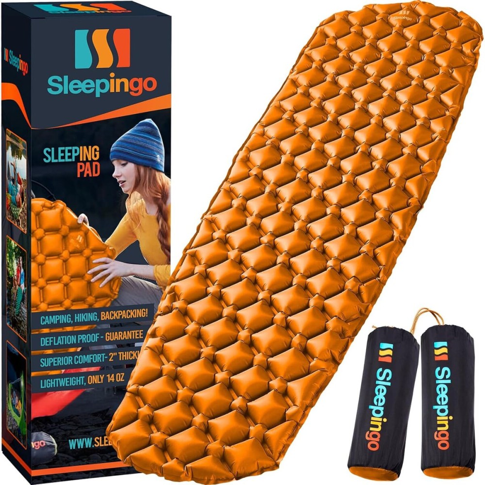 Sleepingo Inflatable Mat for Camping - Pack of 2 - Ultralight Sleeping Pad for Camping and Backpacking - Compact Air Mattress - Camping Mat with Tear-Resistant Ripstop Nylon - 73.5 x 21.5 - Orange
