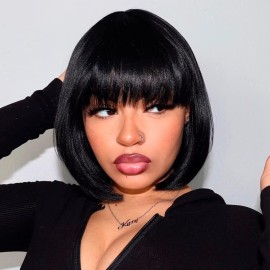 ToyoTress Short Bob Wigs With Bangs - 10 Inch Jet Black Yaki Straight Hair Daily Costume Wig For Black Women, Soft Light Synthetic Hair Replacement Wigs Heat Resistant (10 Inch, 1-613H)