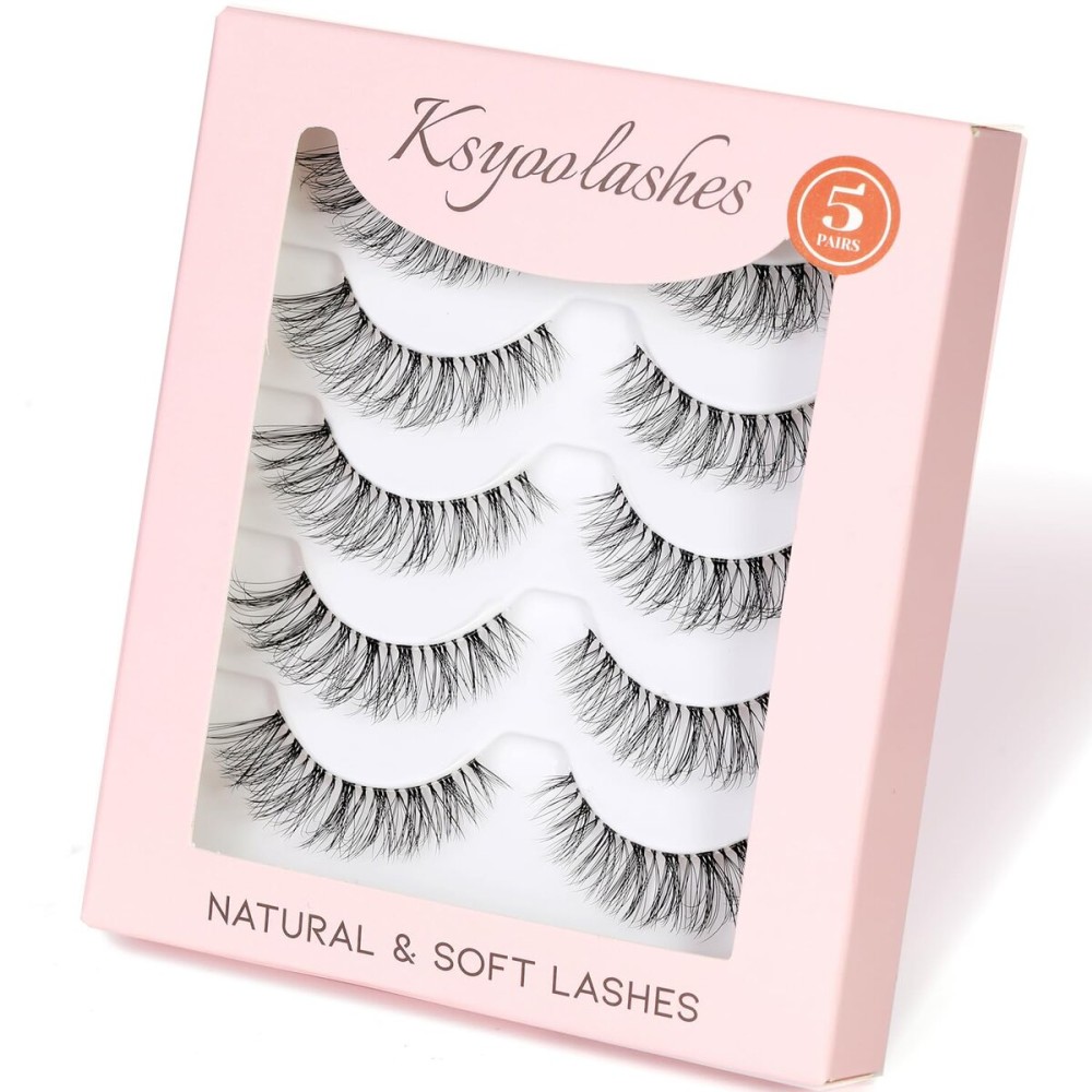 KSYOO Natural Strip Lashes with Clear Band Wispy,8-15mm Cat Eye D Curl Strip Lashes That Look Like Extensions,3D Fluffy Faux Mink False Eyelashes Natural Look