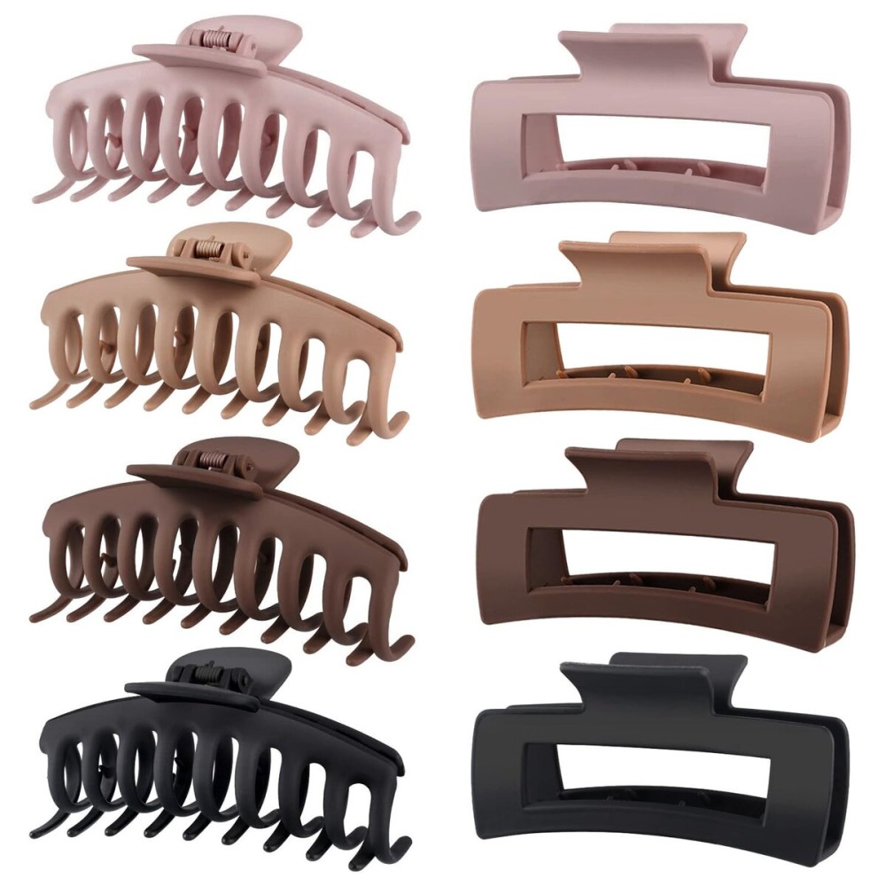 TOCESS Big Hair Claw Clips for Women - Neutral Large Claw Clip for Thin Thick Curly Hair 90\'s Strong Hold 4.33 Inch Nonslip Matte Jumbo Hair Clips (8 Pcs)
