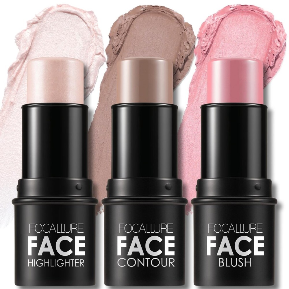 FOCALLURE 3 Pcs Cream Contour Sticks,Shades with Highlighter & Bronzer & Blush,Non-greasy Long-wear Face Contouring Pen,Easy to Sculpt the Face and Create a Lightweight Finishing Makeup,FAIR-LIGHT