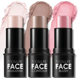 FOCALLURE 3 Pcs Cream Contour Sticks,Shades with Highlighter & Bronzer & Blush,Non-greasy Long-wear Face Contouring Pen,Easy to Sculpt the Face and Create a Lightweight Finishing Makeup,FAIR-LIGHT