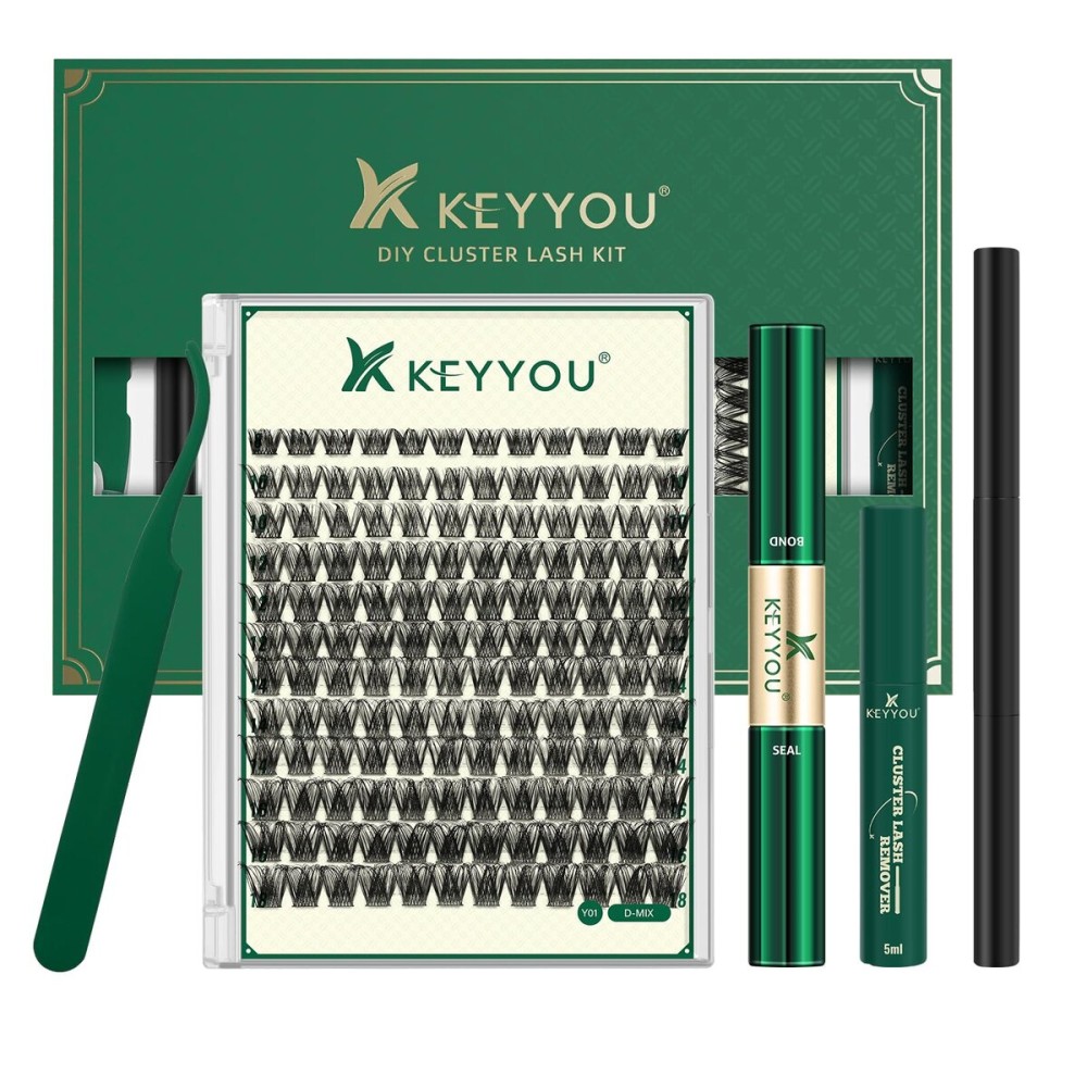 KEYYOU Lash Clusters Kit Natural Wispy DIY Lash Extension Kit 144pcs Lashes Clusters Eyelash Extension with Mascara Brush Bond and Seal Glue Remover Applicators and Brush for Lashes Extensions (Y01)