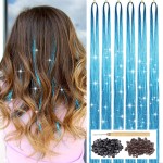 Sky Blue Hair Tinsel Kit with Tool 6pcs 1200 Strands Glitter Tinsel Hair Extensions Heat Resistant Sparkling Shiny Fairy Hair Accessories for Women Girls Kids 47Inch