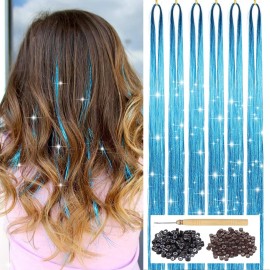Sky Blue Hair Tinsel Kit with Tool 6pcs 1200 Strands Glitter Tinsel Hair Extensions Heat Resistant Sparkling Shiny Fairy Hair Accessories for Women Girls Kids 47Inch