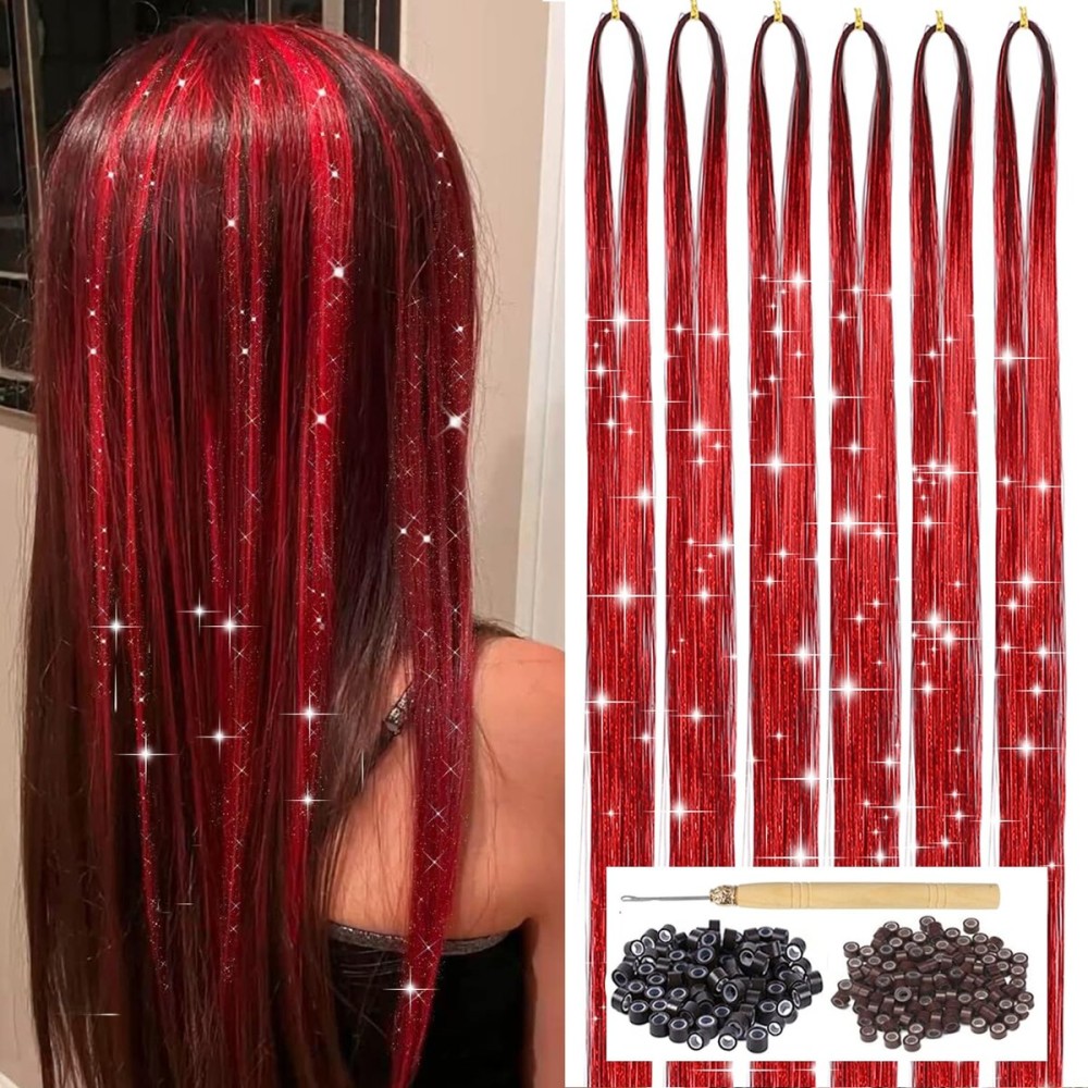Red Hair Tinsel Kit with Tool 6pcs 1200 Strands Glitter Tinsel Hair Extensions Heat Resistant Sparkling Shiny Fairy Hair Accessories for Women Girls Kids 47Inch