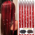 Red Hair Tinsel Kit with Tool 6pcs 1200 Strands Glitter Tinsel Hair Extensions Heat Resistant Sparkling Shiny Fairy Hair Accessories for Women Girls Kids 47Inch