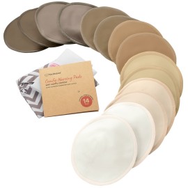 Organic Nursing Pads - 14 Washable Breast Pads for Breastfeeding, Wash Bag, Viscose Derived from Bamboo Reusable Nipple Covers for Breastfeeding Essentials, Soft & Absorbent (Coffee, M 3.9)