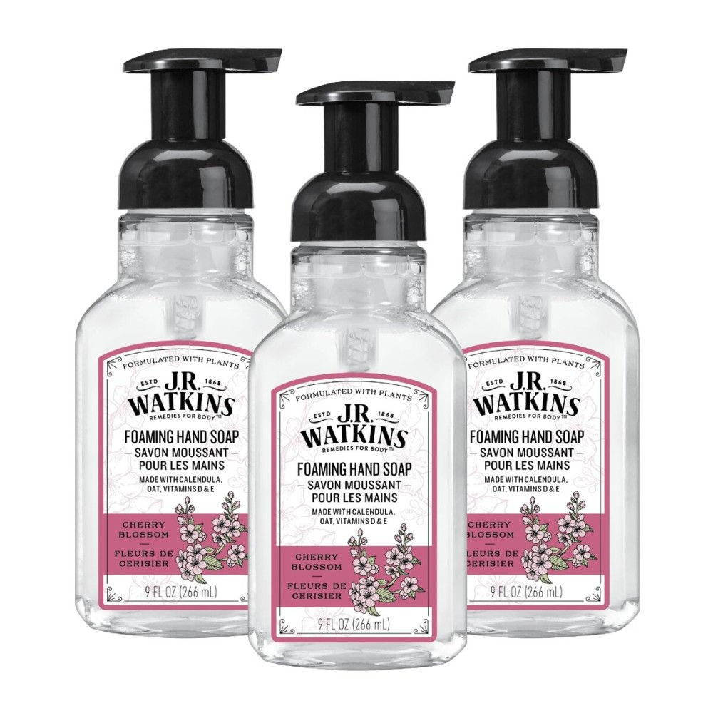 J.R. Watkins Foaming Hand Soap Pump with Dispenser, Moisturizing Foam, Alcohol-Free, Cruelty-Free, Use as Kitchen or Bathroom Soap, Cherry Blossom, 9 fl oz, 3 Pack