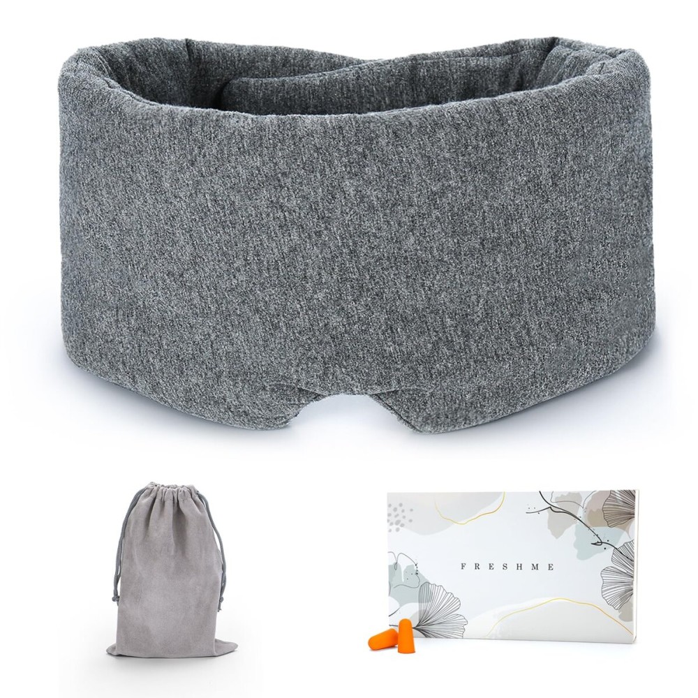 FRESHME Cotton Eye Mask for Sleeping in Gift Box - Soft and Adjustable Extensions Sleep Mask with Earplugs and Pouch for Women and Men, Blackout Cover for Night Travel Relaxation