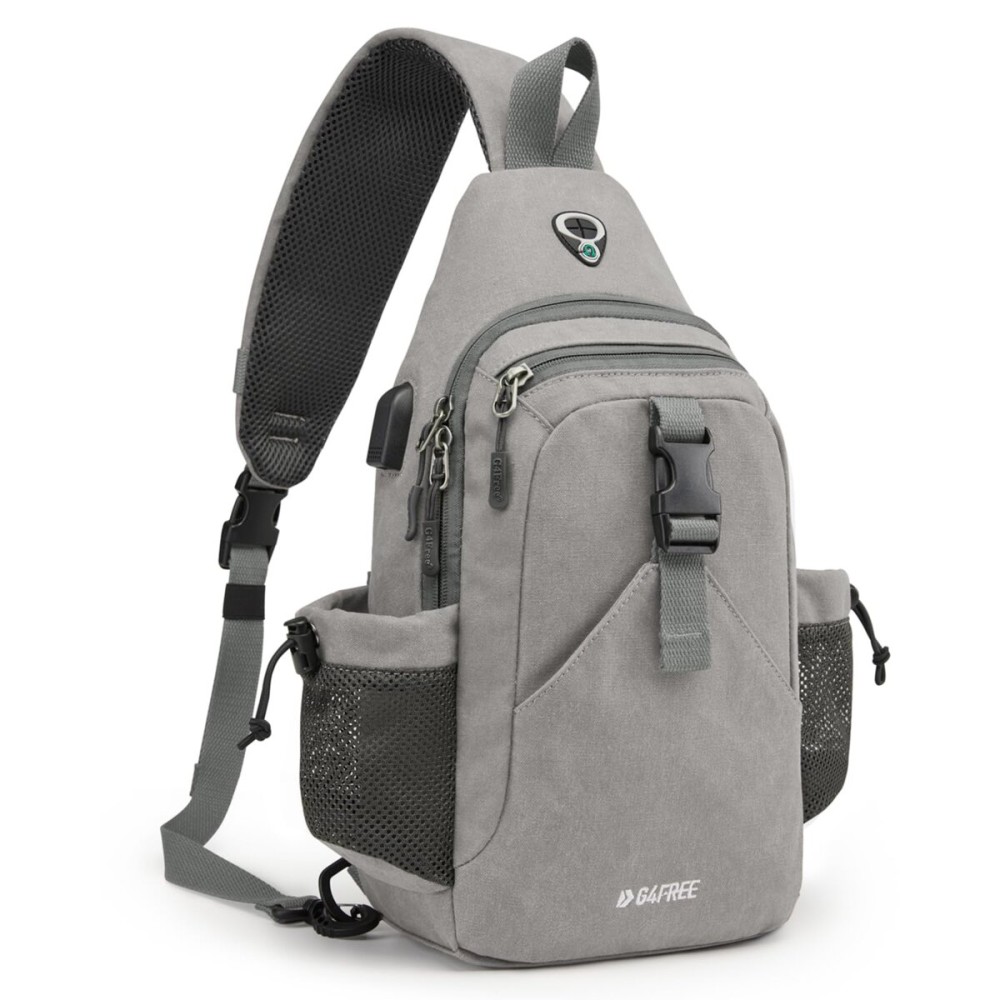 G4Free Canvas Sling Bag Crossbody Backpack with USB Charging Port & RFID Blocking, Hiking Daypack Chest Bag for Women Men(Grey)