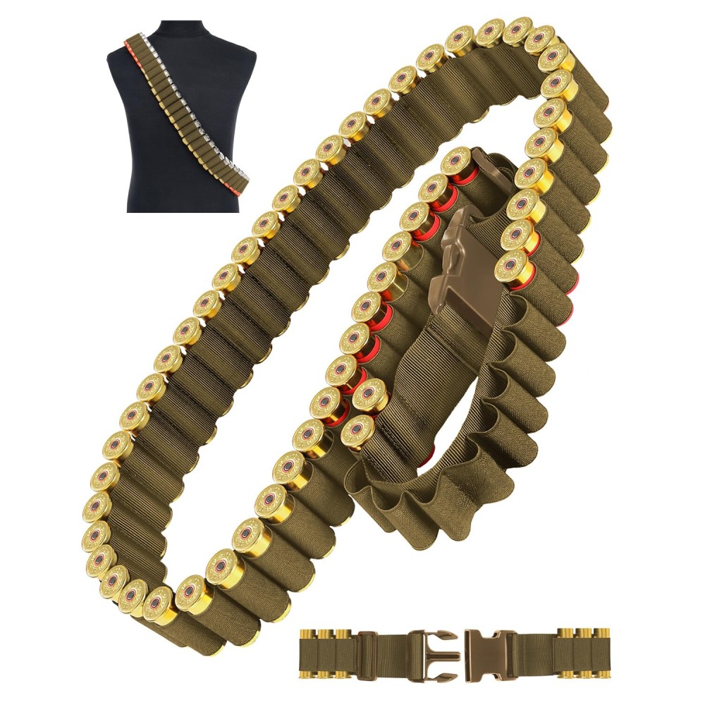 Tyseam 60 Round Adjustable Shotgun Shell Bandolier with Quick Release Buckle, 12/20 Gauge Shotgun Shell Holder Holds 60 Shotgun Shells for Hunting (Khaki)