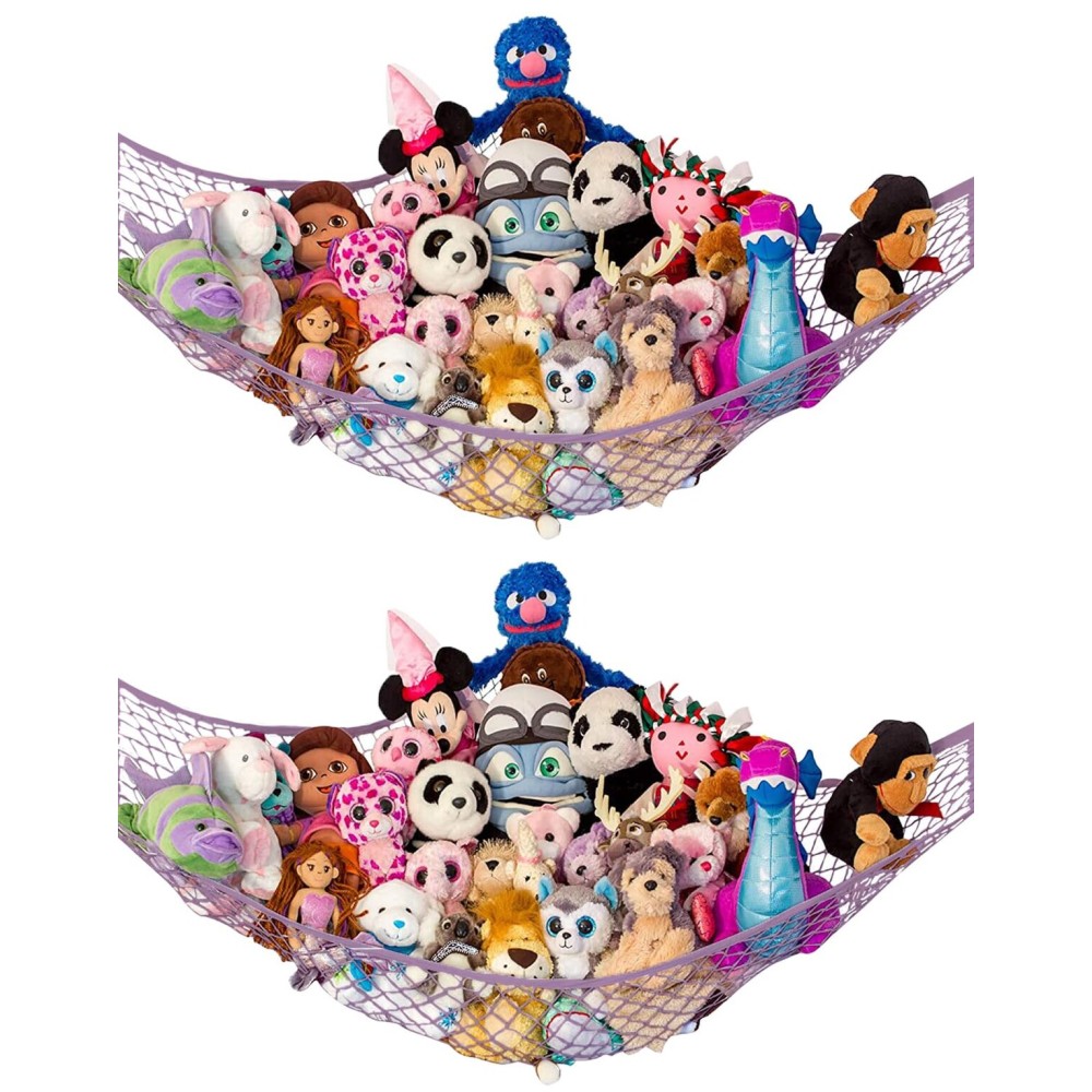 Lilly\'s Love Stuffed Animal Hammock | Corner Hanging Organizer, Toy Storage, Stuffed Animal Storage Net | Made from Quality Fishing Net, Holds 12lbs | 67x47x47 (Pastel Purple, 2 Pack)