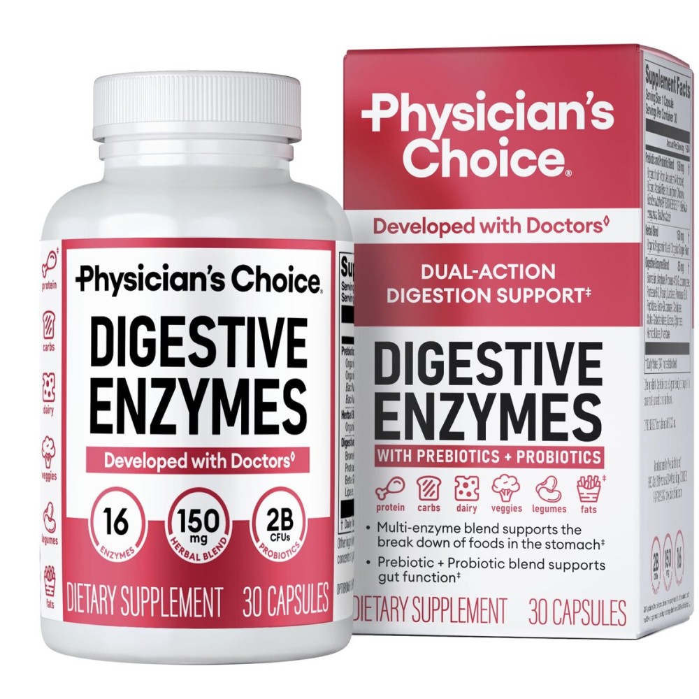 Physician\'s CHOICE Digestive Enzymes - Multi Enzymes, Bromelain, Organic Prebiotics & Probiotics for Digestive Health & Gut Health - Bloating & Meal Time Discomfort - Dual Action - All Diets - 30 CT