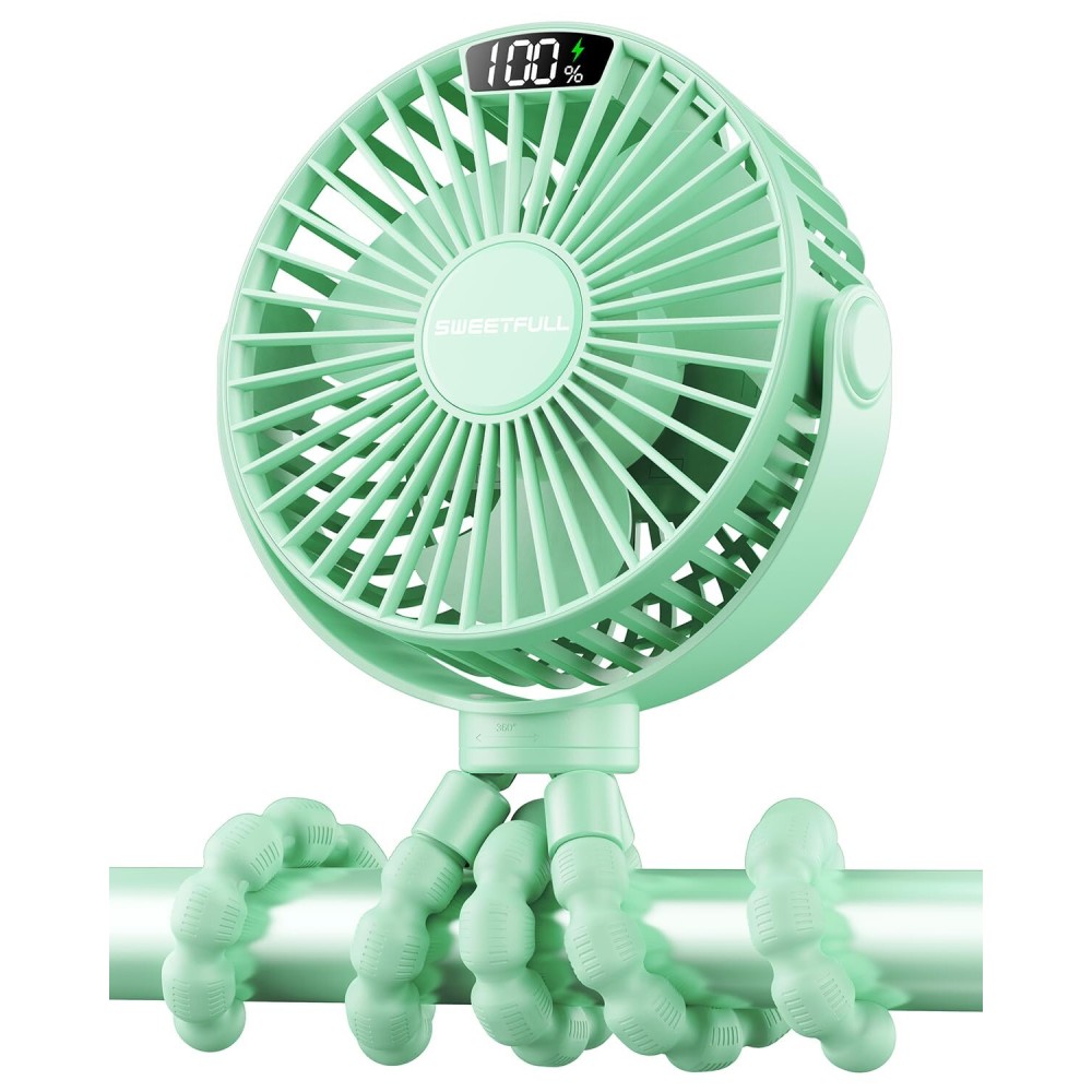 SWEETFULL Portable Stroller Fan with LED Display, 4 Speed Rechargeable Mini Clip On Fan, 360 Rotate Flexible Tripod Better Cooling Small Baby Fan for Car Seat Crib Travel Bike Treadmill (Green)