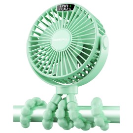 SWEETFULL Portable Stroller Fan with LED Display, 4 Speed Rechargeable Mini Clip On Fan, 360 Rotate Flexible Tripod Better Cooling Small Baby Fan for Car Seat Crib Travel Bike Treadmill (Green)