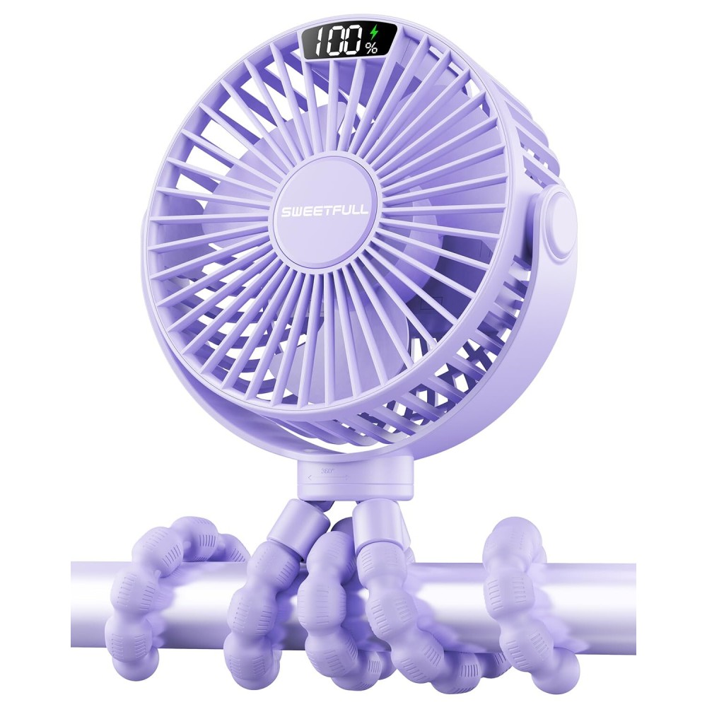 SWEETFULL Portable Stroller Fan with LED Display, 4 Speed Rechargeable Mini Clip On Fan, 360 Rotate Flexible Tripod Better Cooling Small Baby Fan for Car Seat Crib Travel Bike Treadmill (Purple)