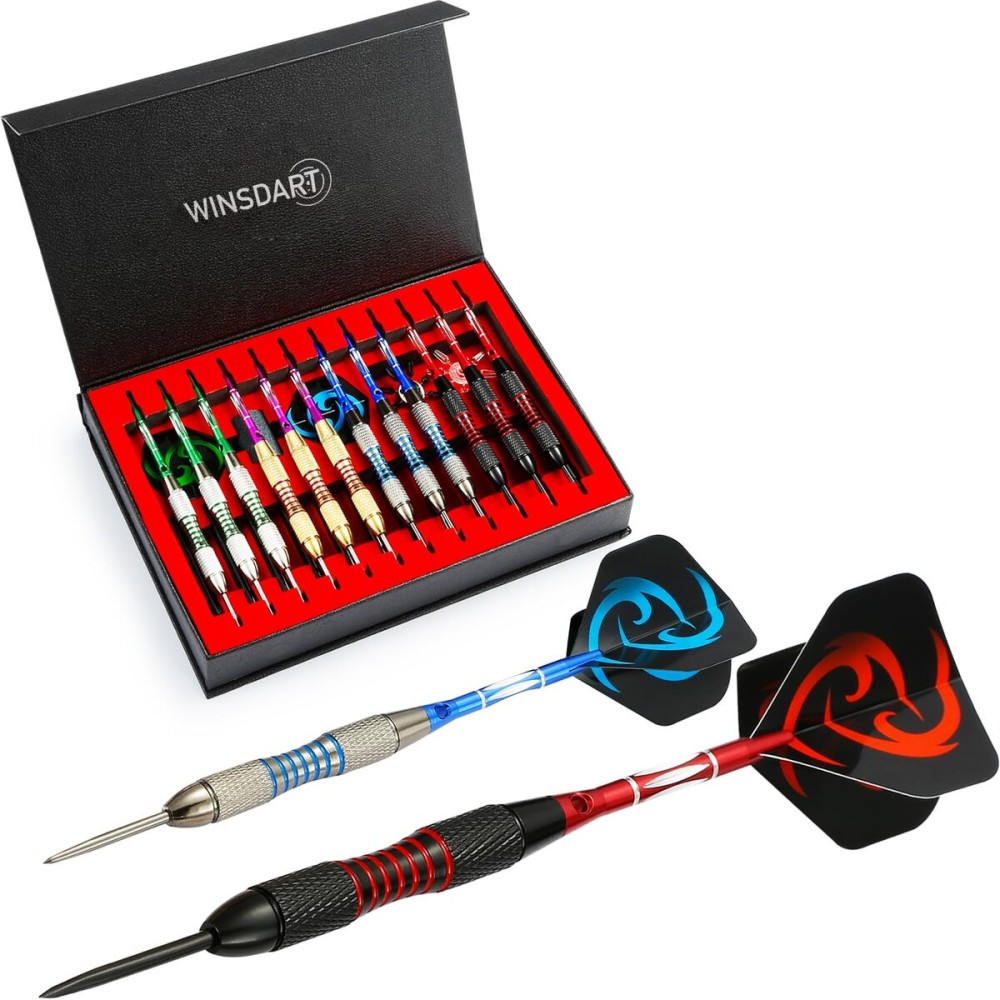 WINSDART ADKX Steel Tip Darts 12 Pack Set with Nonslip Iron Barrel Aluminum Dart Shafts and Flights + Darts Sharpener + an Gift Box (Darts-F)