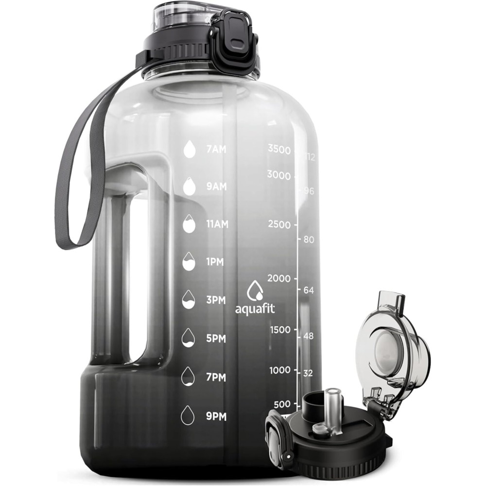 AQUAFIT 1 Gallon Water Bottle with Time Marker - Straw & Chug Lid - BPA Free Gym Water Bottle with Straw - Big Gallon Jug (Midnight Black, 128 oz - 2in1 Lid)