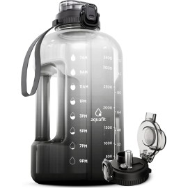 AQUAFIT 1 Gallon Water Bottle with Time Marker - Straw & Chug Lid - BPA Free Gym Water Bottle with Straw - Big Gallon Jug (Midnight Black, 128 oz - 2in1 Lid)