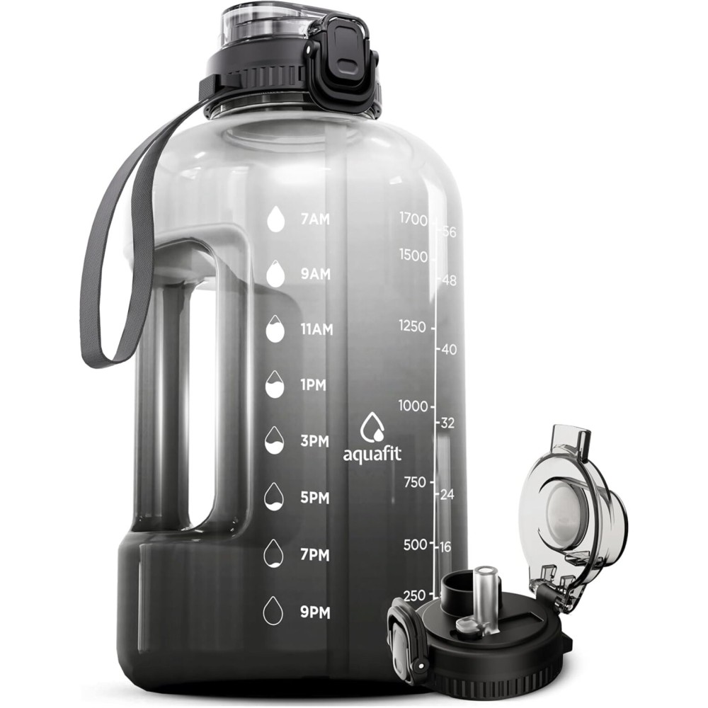 AQUAFIT Half Gallon Water Bottle with Time Marker - Straw & Chug Lid - BPA Free Gym Water Bottle with Straw - Big Gallon Jug (Midnight Gray, 64 oz - 2in1 Lid)