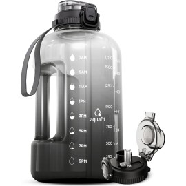 AQUAFIT Half Gallon Water Bottle with Time Marker - Straw & Chug Lid - BPA Free Gym Water Bottle with Straw - Big Gallon Jug (Midnight Gray, 64 oz - 2in1 Lid)