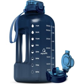 AQUAFIT 1 Gallon Water Bottle with Time Marker - Straw & Chug Lid - BPA Free Gym Water Bottle with Straw - Big Gallon Jug (Nebula, 128 oz - 2in1 Lid)