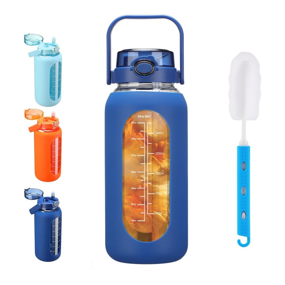 SIEROZUR 52oz Glass Water Bottle with Straw and Handle Lid Half Gallon Motivational Glass Bottle with Silicone Sleeve and Time Marker Large Reusable Sports Water Jug for Gym Home Workout