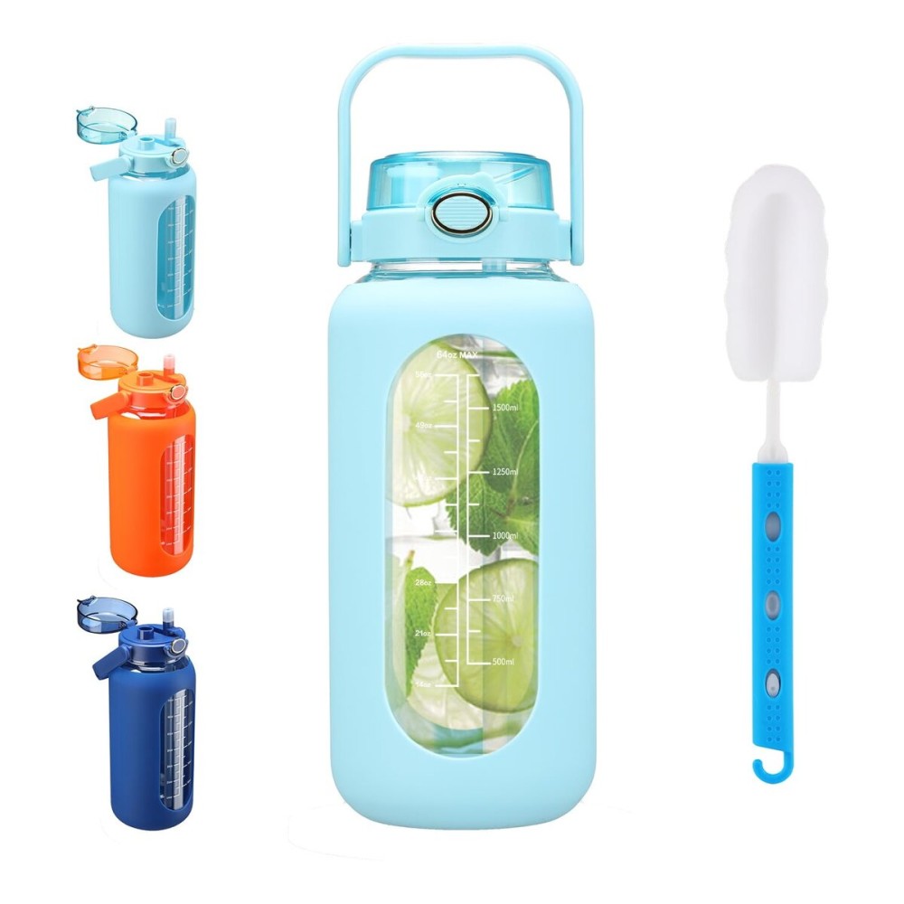 SIEROZUR 42oz Glass Water Bottle with Straw and Handle Lid Half Gallon Motivational Glass Bottle with Silicone Sleeve and Time Marker Large Reusable Sports Water Jug for Gym Home Workout