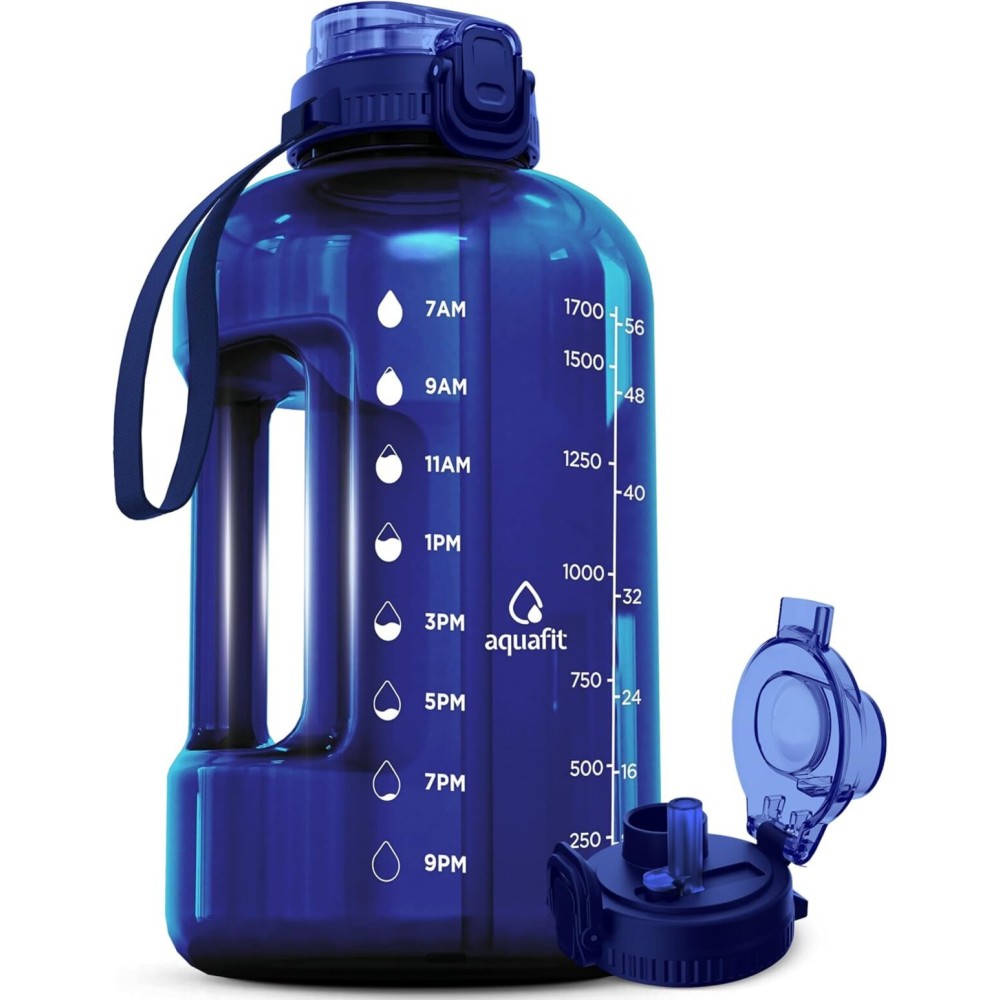 AQUAFIT Half Gallon Water Bottle with Time Marker - Straw & Chug Lid - BPA Free Gym Water Bottle with Straw - Big Gallon Jug (Blue, 64 oz - 2in1 Lid)