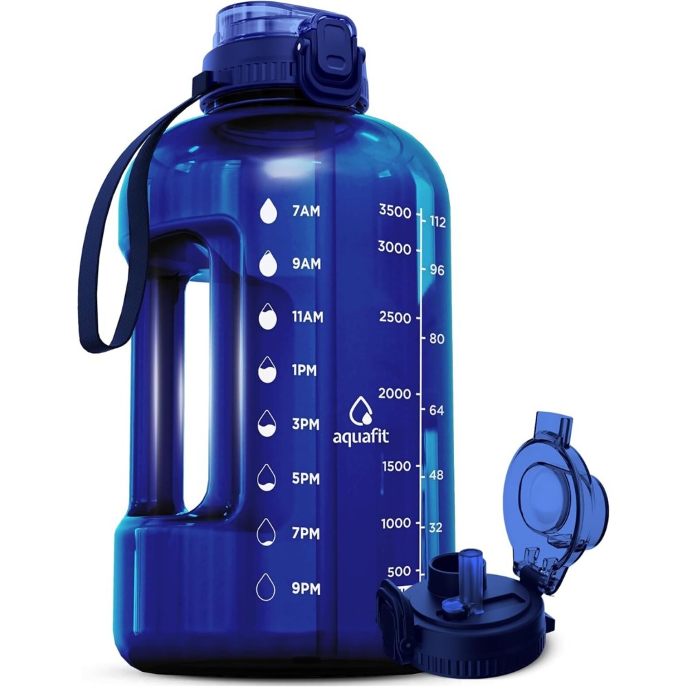 AQUAFIT 1 Gallon Water Bottle with Time Marker - Straw & Chug Lid - BPA Free Gym Water Bottle with Straw - Big Gallon Jug (Blue, 128 oz - 2in1 Lid)