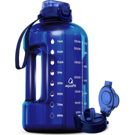 AQUAFIT 1 Gallon Water Bottle with Time Marker - Straw & Chug Lid - BPA Free Gym Water Bottle with Straw - Big Gallon Jug (Blue, 128 oz - 2in1 Lid)