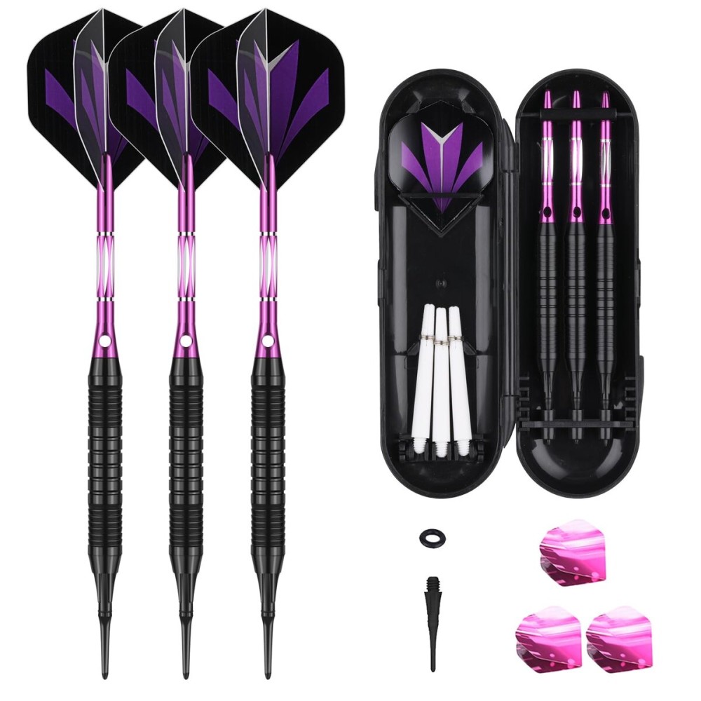sanfeng Darts Plastic Tip Set with Slim Case 18g for Electronic Dart Board with 50 Rubber O-Rings 6 Purple Alu Shafts Extra 50 Replacement Soft Tips Accessories