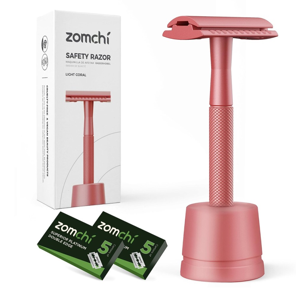 ZOMCHI Double Edge Safety Razor with Stand for Men, Women\'s Safety Shaving Razor with 10 Double Edge Safety Razor Blades, Single Blade Razor for Shaving -Light Coral