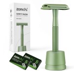 ZOMCHI Double Edge Close Comb Safety Razor with Stand, Shaving Razor for Men with 10 Safety Razor Blades, Reusable Single Blade DE Metal Razor - Fern Green