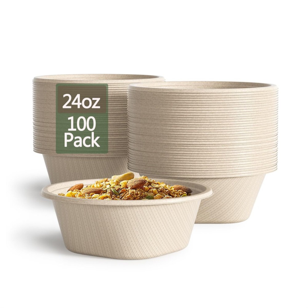 24 Oz Disposable Bowls, [100 Pack] Paper Bowls Disposable - Heavy Duty and Eco-friendly Sugarcane and Bamboo Bagasse Biodegradable Bowls for Cereal, Rice, French Fries - Convenient and Compostable