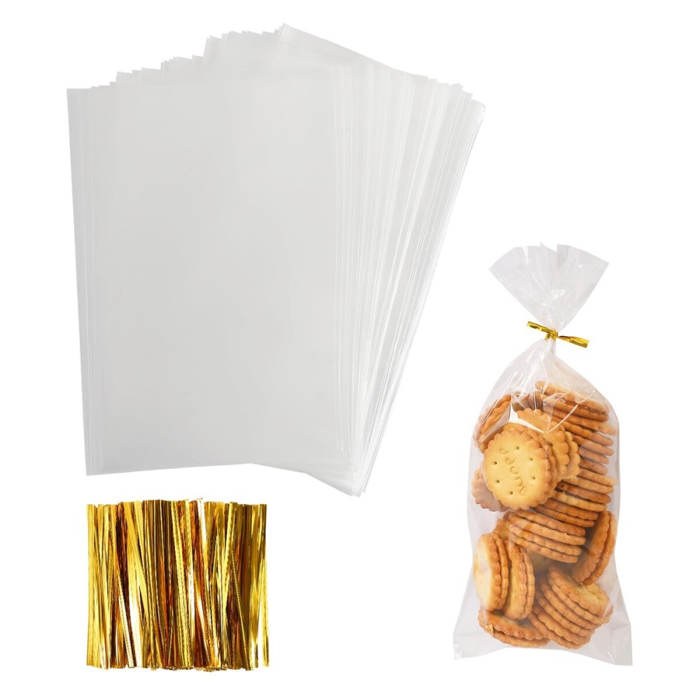Augshy Cellophane Treat Bags - 300 Pcs, 4x9 Inches, 320 Twist Ties, 1.4 mils Thick OPP Plastic for Packaging Candies, Dessert, Bakery, Cookies
