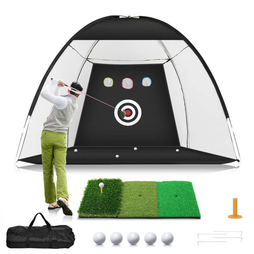 Golf Net, 10x7ft Golf Practice Net with Tri-Turf Golf Mat, All in 1 Home Golf Hitting Aid Nets for Backyard Driving Chipping Swing Training with Target/Mat/Balls/Tee/Bag - Gift for Men