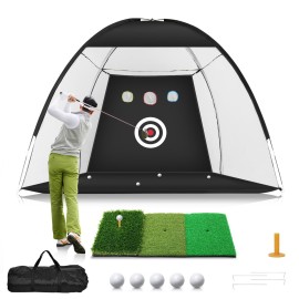 Golf Net, 10x7ft Golf Practice Net with Tri-Turf Golf Mat, All in 1 Home Golf Hitting Aid Nets for Backyard Driving Chipping Swing Training with Target/Mat/Balls/Tee/Bag - Gift for Men