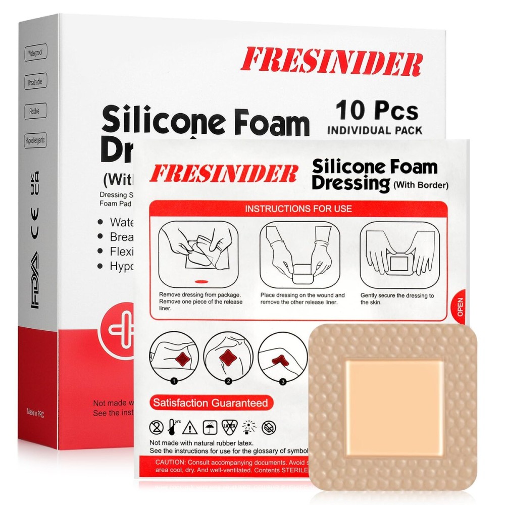 FRESINIDER Silicone Foam Dressing with Adhesive Border - Wound Dressing Bandage - Silicone Foam Pad - Pack of 10 - 2 x 2 Inches Large Waterproof Bandages - Self Adhesive Wound Care and Dressings