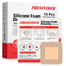 FRESINIDER Silicone Foam Dressing with Adhesive Border - Wound Dressing Bandage - Silicone Foam Pad - Pack of 10 - 2 x 2 Inches Large Waterproof Bandages - Self Adhesive Wound Care and Dressings