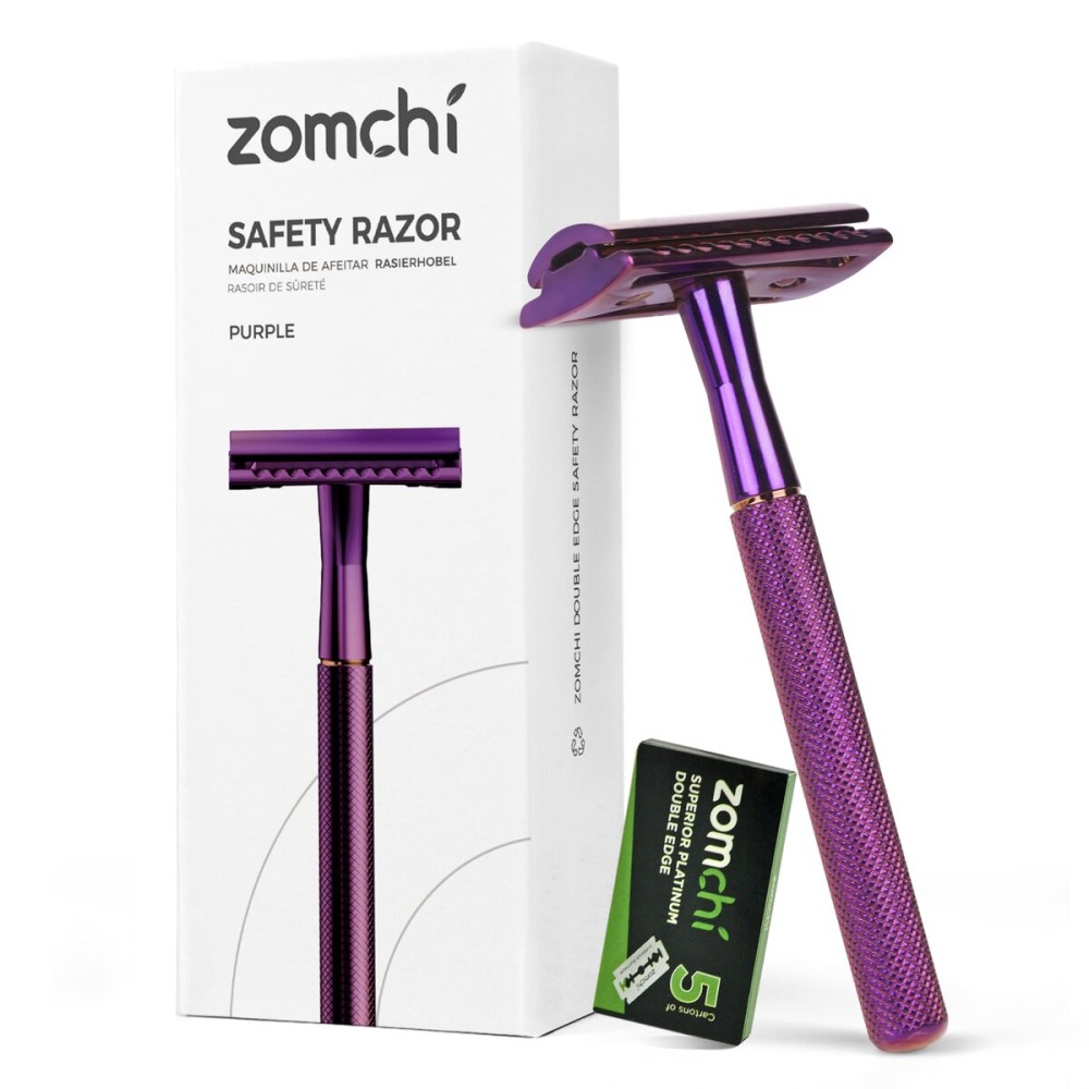 ZOMCHI Double Edge Safety Razor with 5 Safety Razor Blades, Women & Mens Safety Shaving Razor, Reusable Razor, Plastic Free - Purple