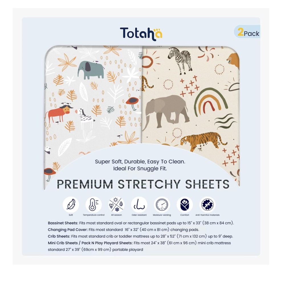 TotAha Jungle Animal Crib Sheets for Girls Boys 2 Pack, Fitted Baby Crib Sheet Neutral for Standard Crib Mattress & Toddler Bed Mattress (52x28), Ultra Soft Baby Sheets