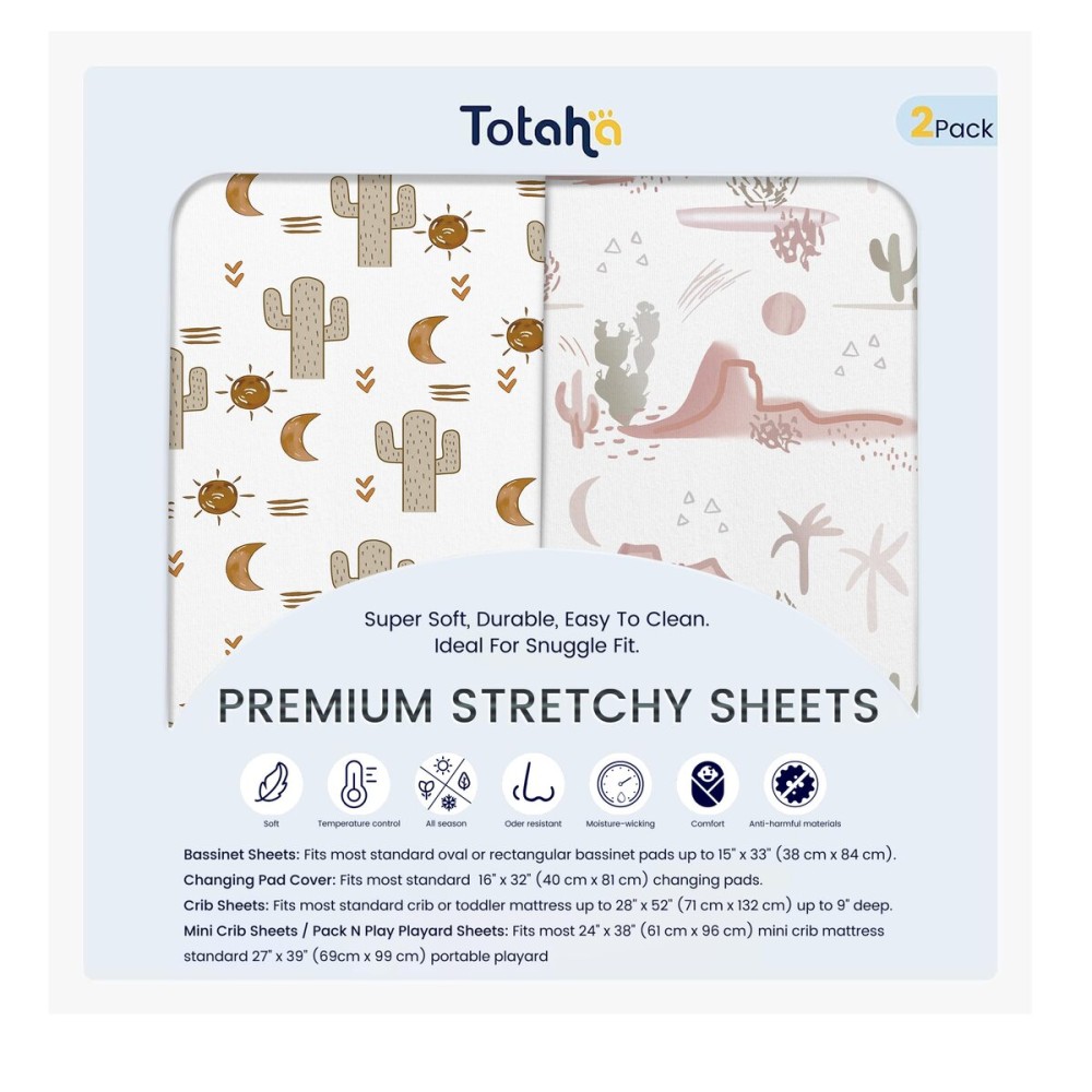 TotAha Cactus Pack N Play Sheets, Premium Stretch Fitted Portable Mini Cribs Playards Sheets, Ultra Soft Breathable Jersey Knit Mini Crib Sheet, 2 Pack