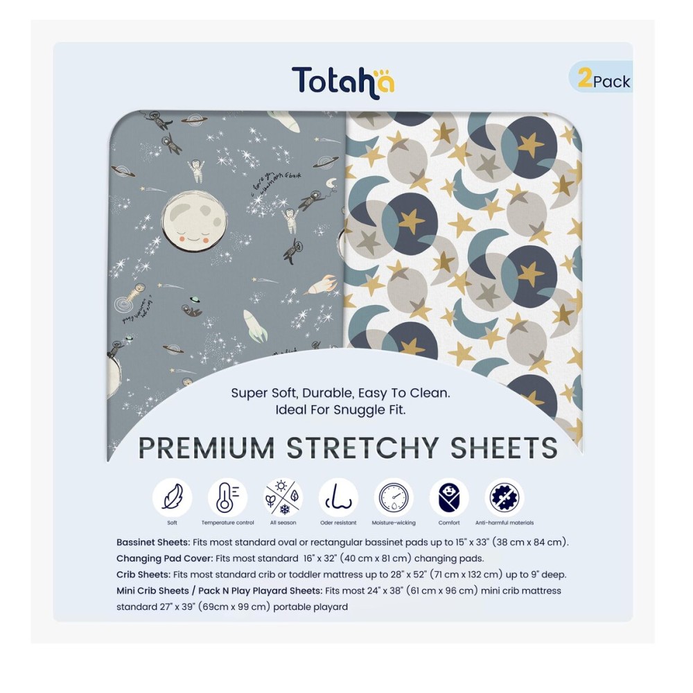 TotAha Space Mini Crib Sheets Fitted, Star & Moon Pack N Play Sheets, Super Stretchy Jersey Knit Playard Sheets, Compatible with Graco Pack N Play Playard Crib and Other Playpen Mattress