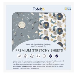 TotAha Space Mini Crib Sheets Fitted, Star & Moon Pack N Play Sheets, Super Stretchy Jersey Knit Playard Sheets, Compatible with Graco Pack N Play Playard Crib and Other Playpen Mattress
