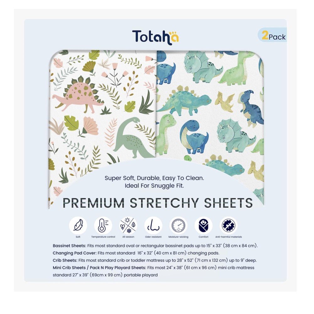 TotAha Dinosaur Crib Sheets for Boys, Premium Soft Crib Mattress Fitted Sheet, Ultra Breathable Baby Sheets, Super Stretchy Baby Bed Sheets 28x52x9 Extra Deep Pocket, 2 Pack