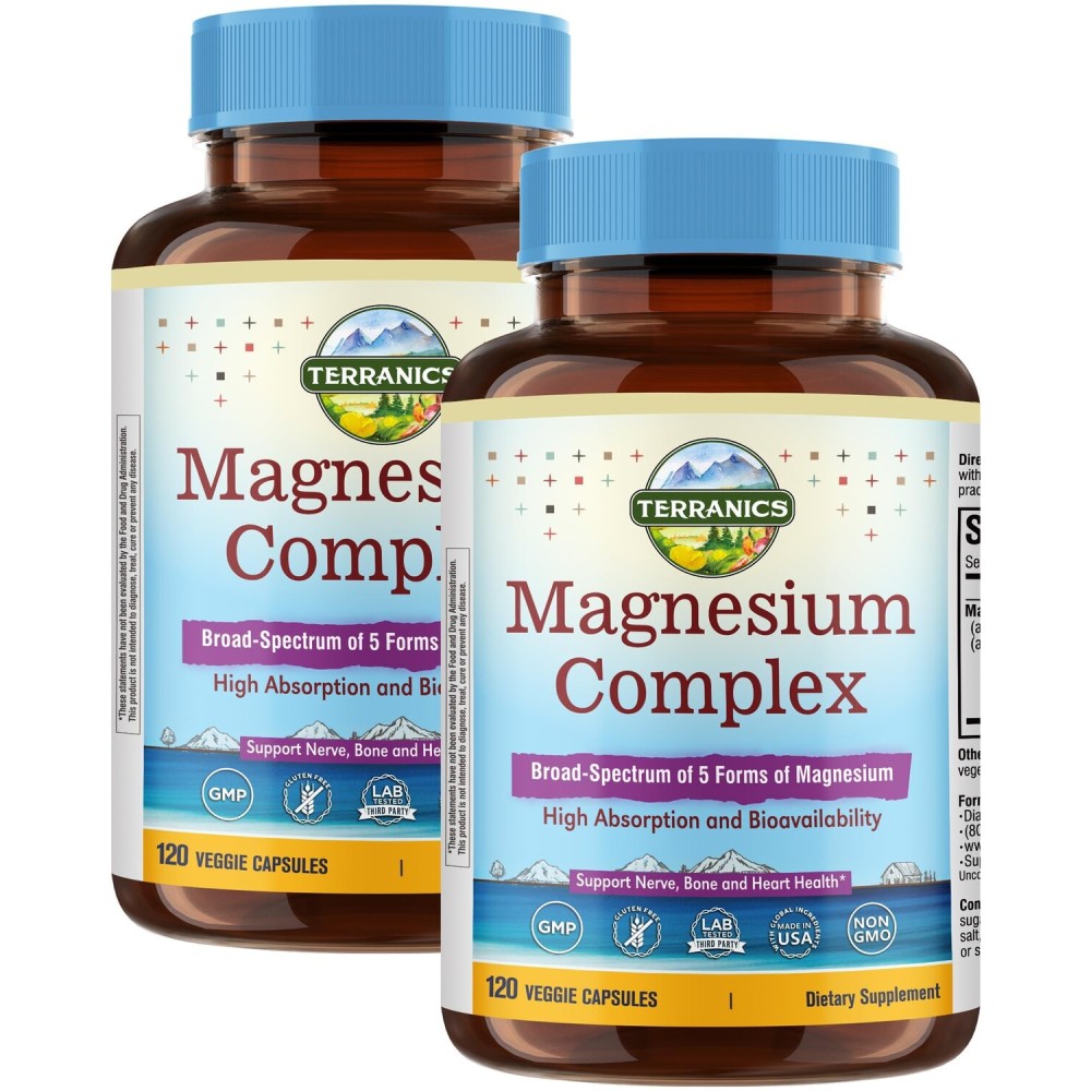 Terranics 5-in-1 Magnesium Complex Supplement 500mg - 5 Forms High Absorption Magnesium Glycinate Citrate Malate Aspartate Gluconate for Sleep Heart Health - Non-GMO 240 Vegan Capsules