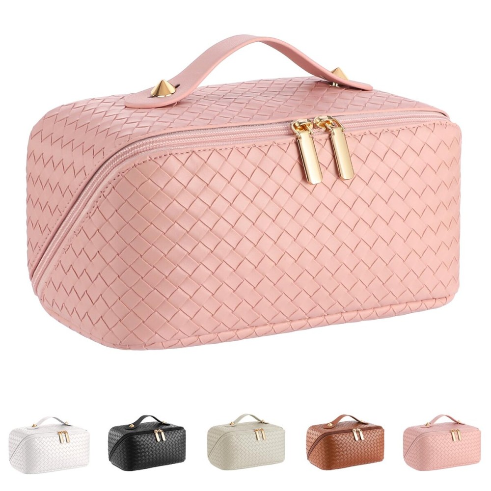 Large Capacity Travel Cosmetic Bag - PU Leather Makeup Organizer Bag Portable Woven Makeup Bags for Women Waterproof Travel Toiletry Bag with Divider Pouch, Pink