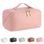 Large Capacity Travel Cosmetic Bag - PU Leather Makeup Organizer Bag Portable Woven Makeup Bags for Women Waterproof Travel Toiletry Bag with Divider Pouch, Pink